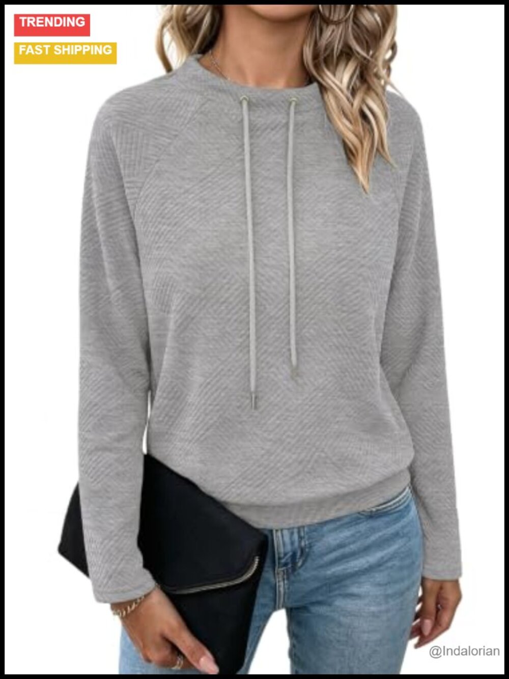 Womens Textured Geometric Sweatshirt Raglan Sleeve Drawstring Pullover